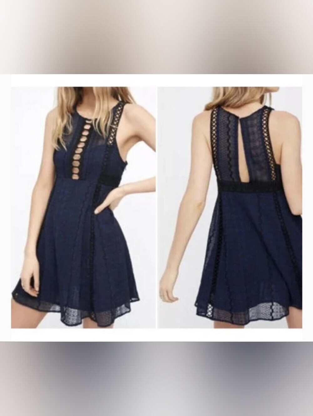 Free People Navy Lace-Trim Sleeveless Mini Dress